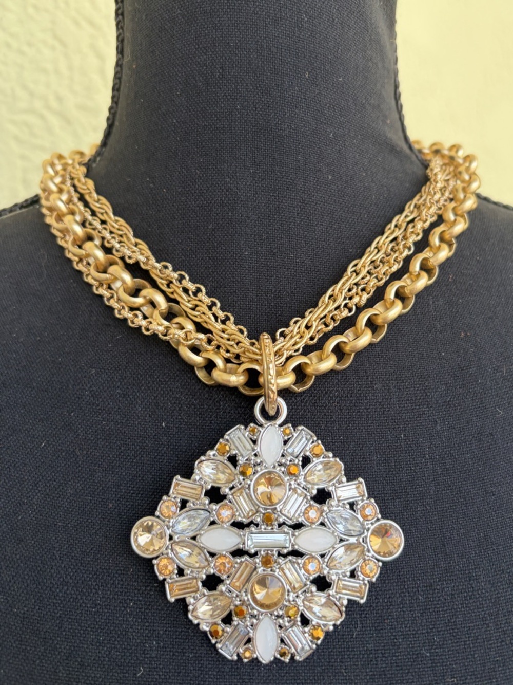 Chico's Gold-Tone Multi-Chain Necklace with Crystal and Amber Medallion